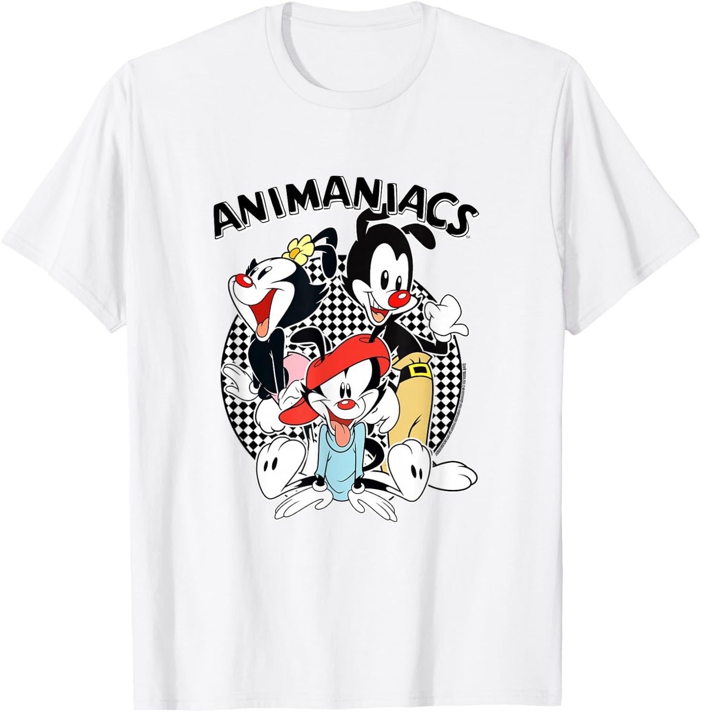 Animaniacs Checkerboard Print Group with Logo Cartoon T-Shirt - T-Shirt | White