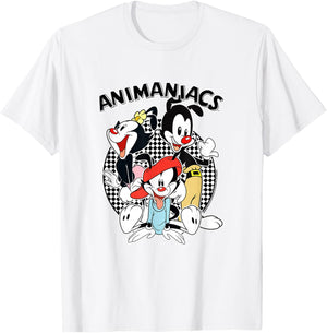 Animaniacs Checkerboard Print Group with Logo Cartoon T-Shirt - T-Shirt | White