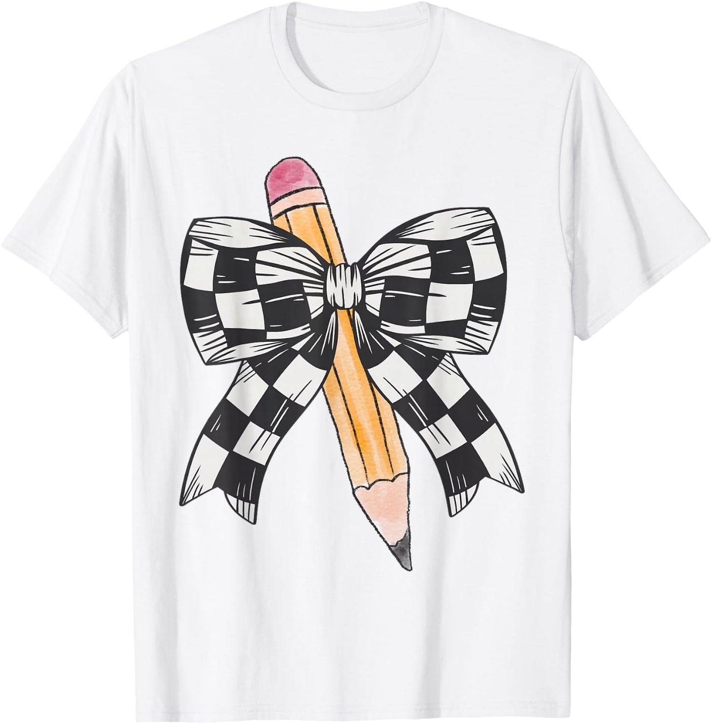 Back To School Day Checkerboard Coquette Bow Pencil Motivate T-Shirt - T-Shirt | White