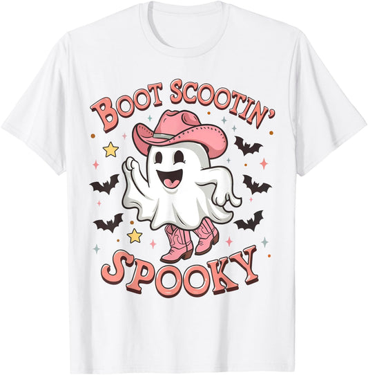 Boot Scootin' Spooky Funny Ghost Pink Cowboy Halloween T-Shirt - T-Shirt | White