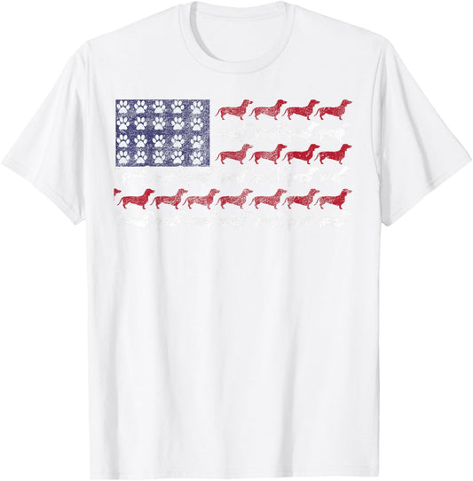 Dachshund Cute American Flag 4th of July Gift Shirt T-Shirt - T-Shirt | White