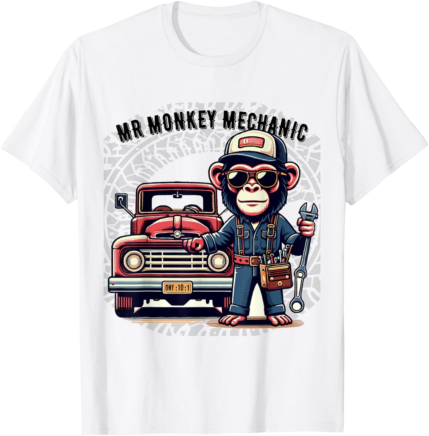 Mr Cute Monkey Mechanic Sunglasses Working on Vintage Truck T-Shirt - T-Shirt | White