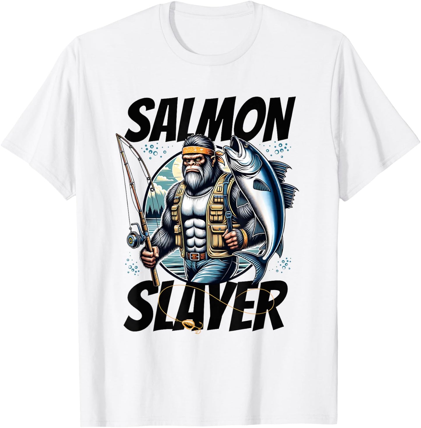 Salmon Slayer Funny Bigfoot Fishing Salmon Fish T-Shirt - T-Shirt | White