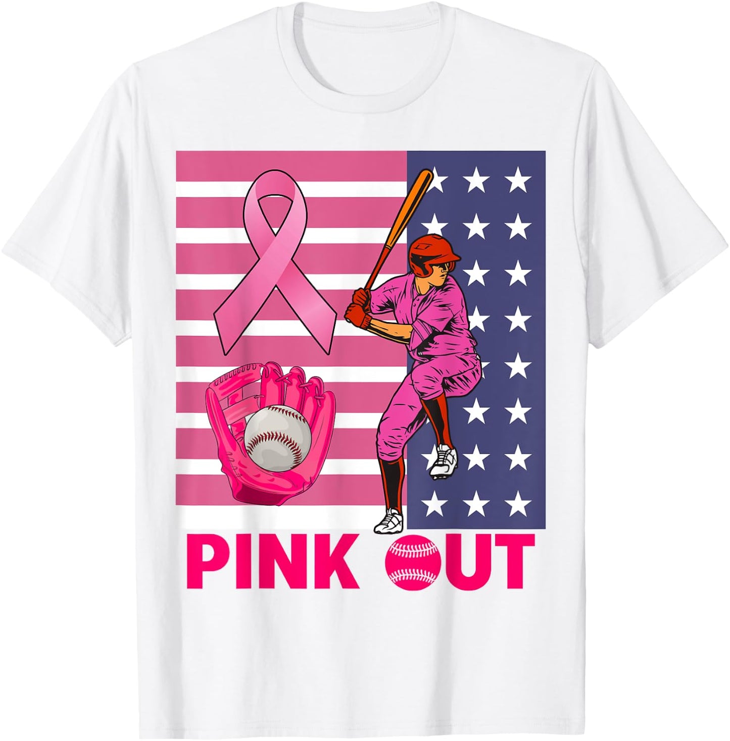 Pink Out Ribbon Baseball Breast Cancer Awareness T-Shirt - T-Shirt | White