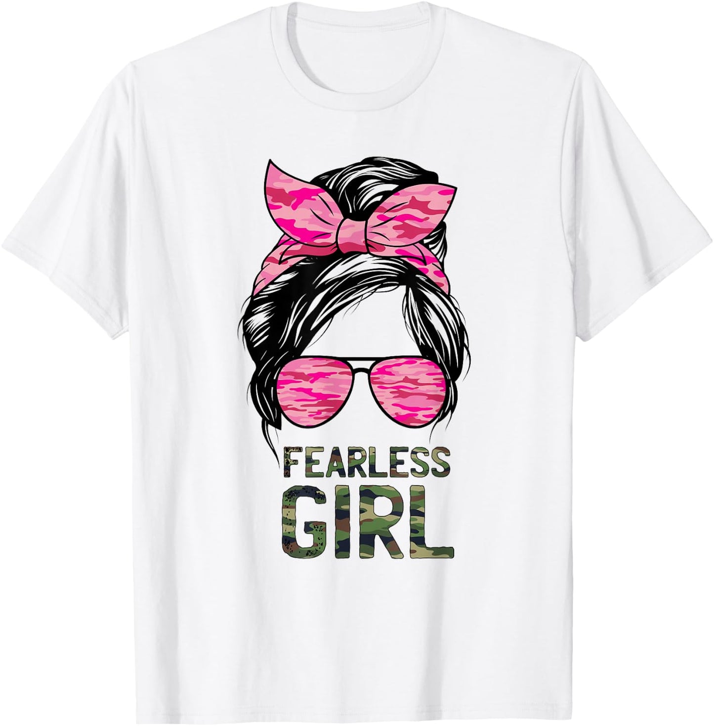Fearless Girl Camo Green Camoflauge Pink Messy Burn Hair T-Shirt - T-Shirt | White
