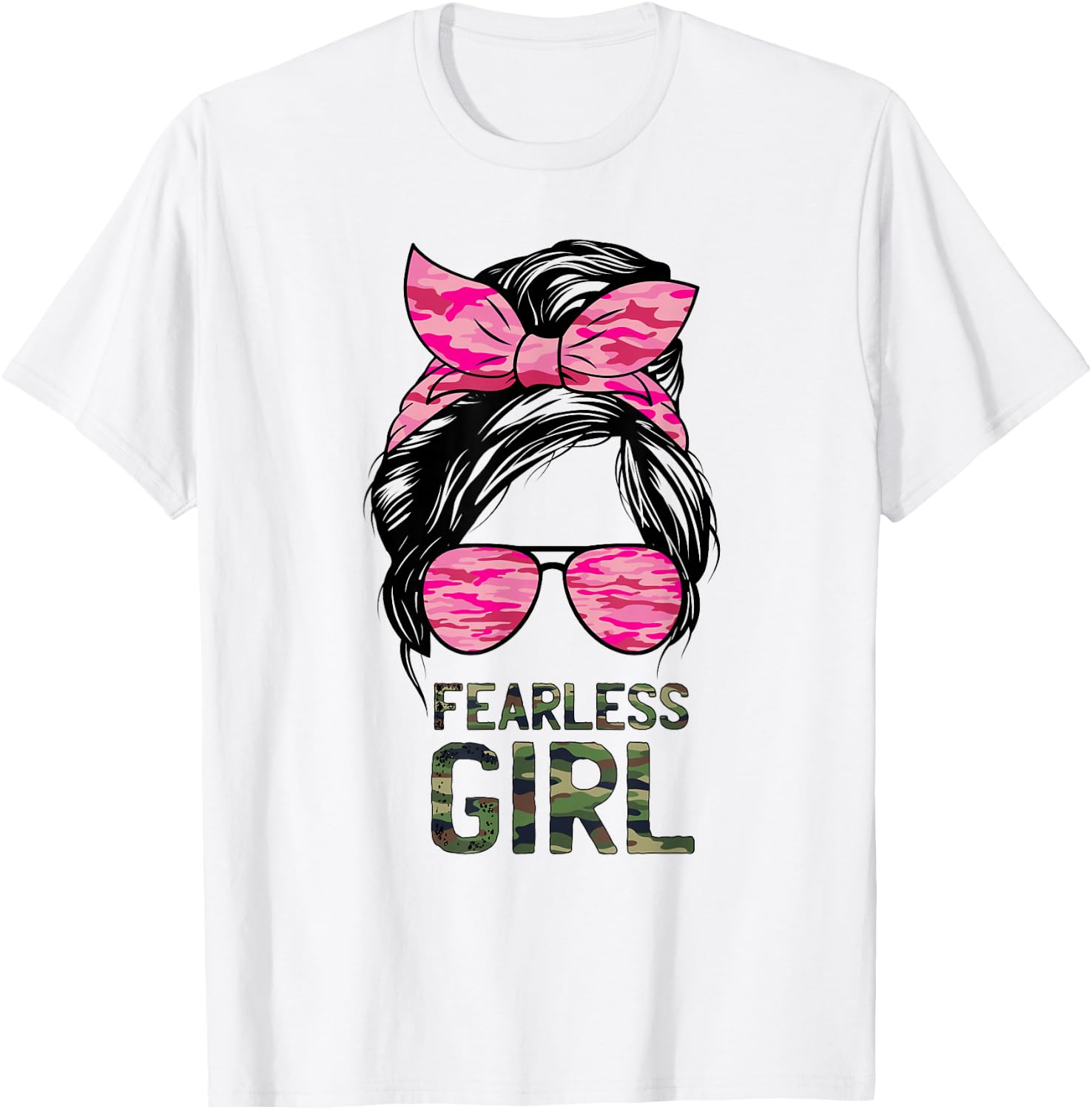 Fearless Girl Camo Green Camoflauge Pink Messy Burn Hair T-Shirt - T-Shirt | White