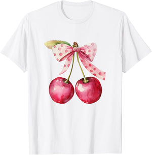 Coquette Bow with Cherry Kawaii T-Shirt - T-Shirt | White