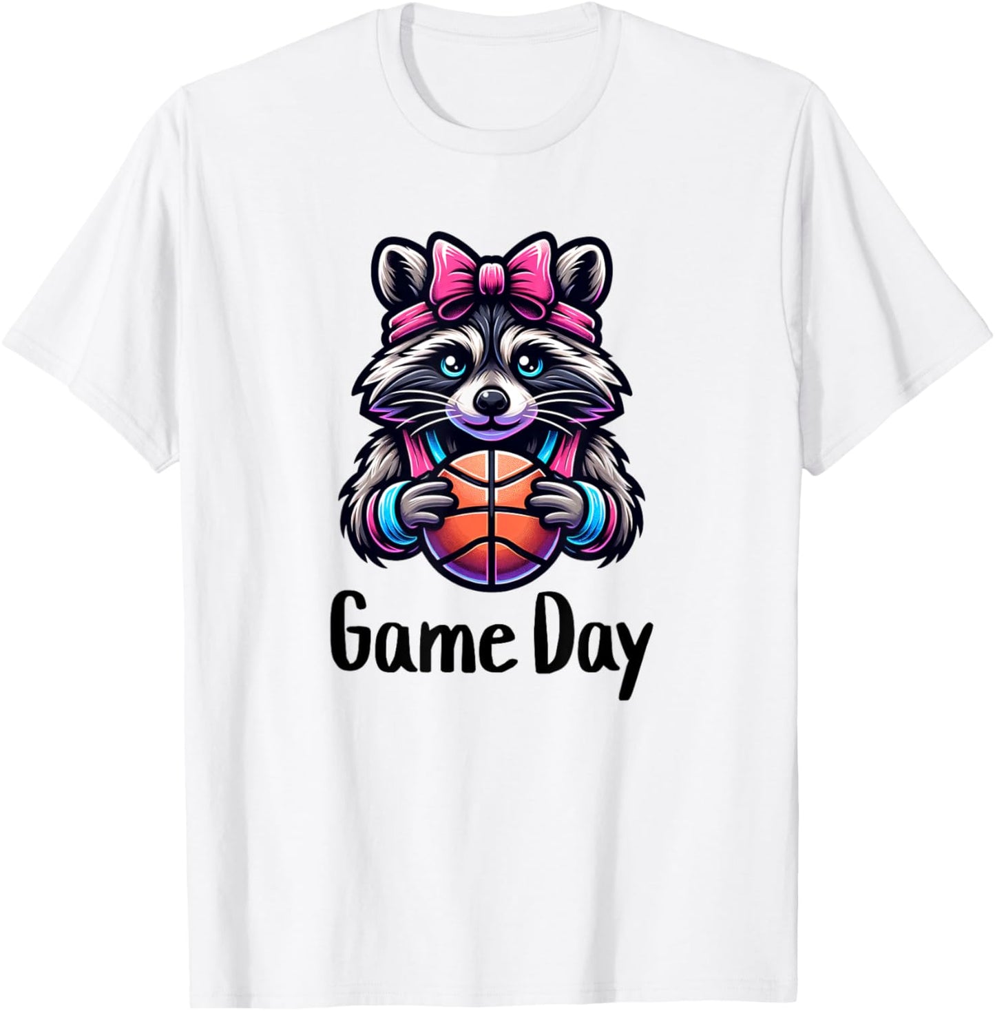 Basketball Raccoon Coquette Bow Game Day for Girls and Women T-Shirt - T-Shirt | White