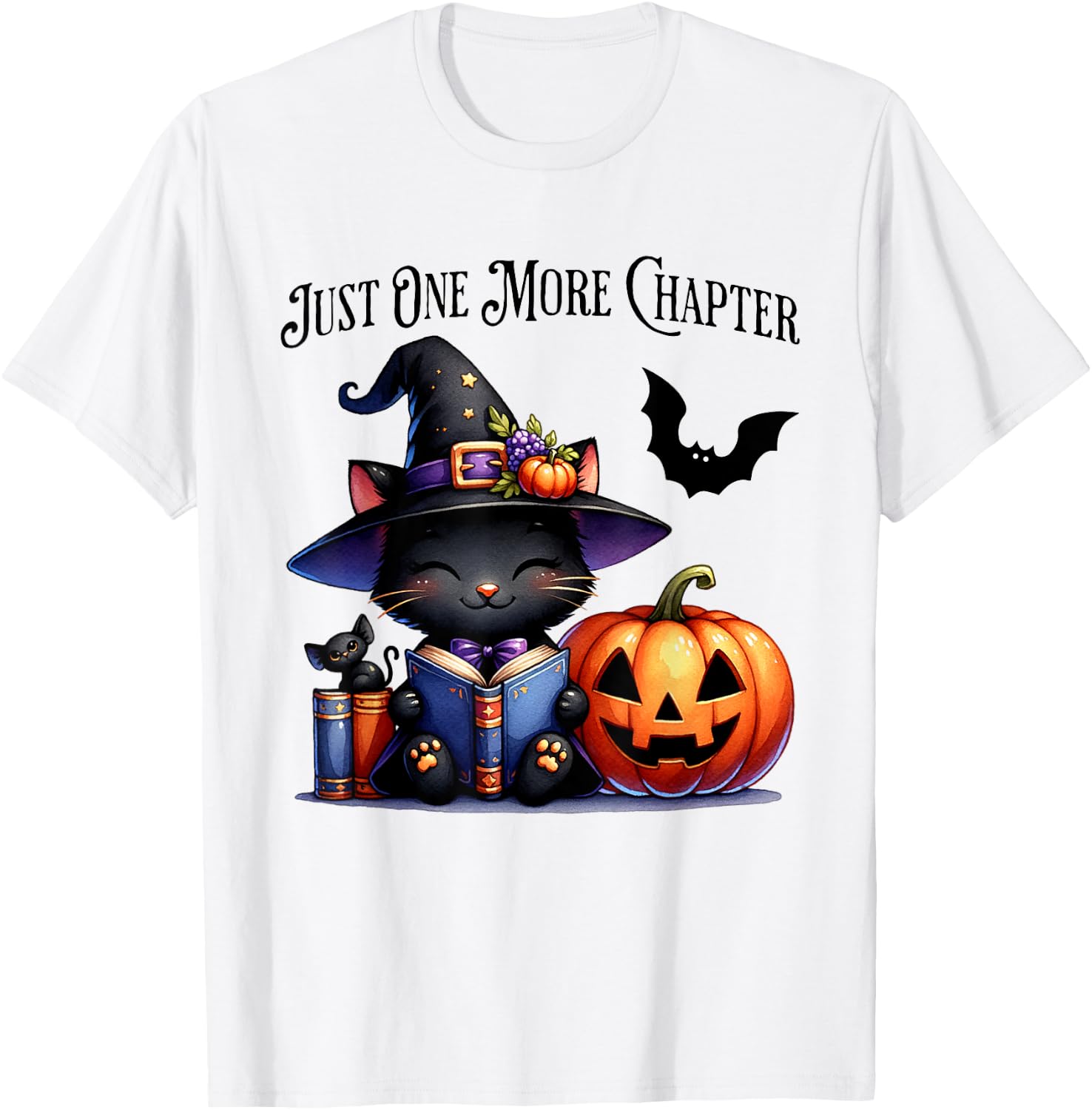 Cat Reading Halloween Pumpkin Cute Just One More Chapter T-Shirt - T-Shirt | White