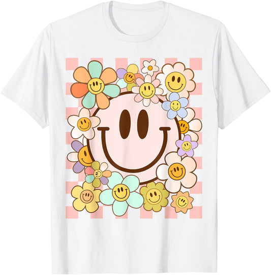 Happy Face Daisy Flower Shirt Preppy Aesthetic Smile Face T-Shirt - T-Shirt | White