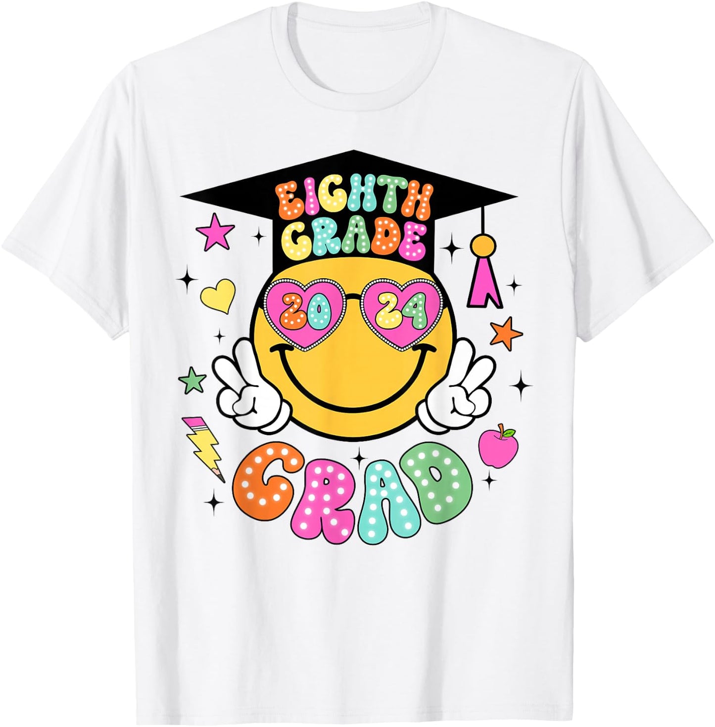 Groovy 8th Grade Graduate Happy Face Graduation 2024 Grad T-Shirt - T-Shirt | White
