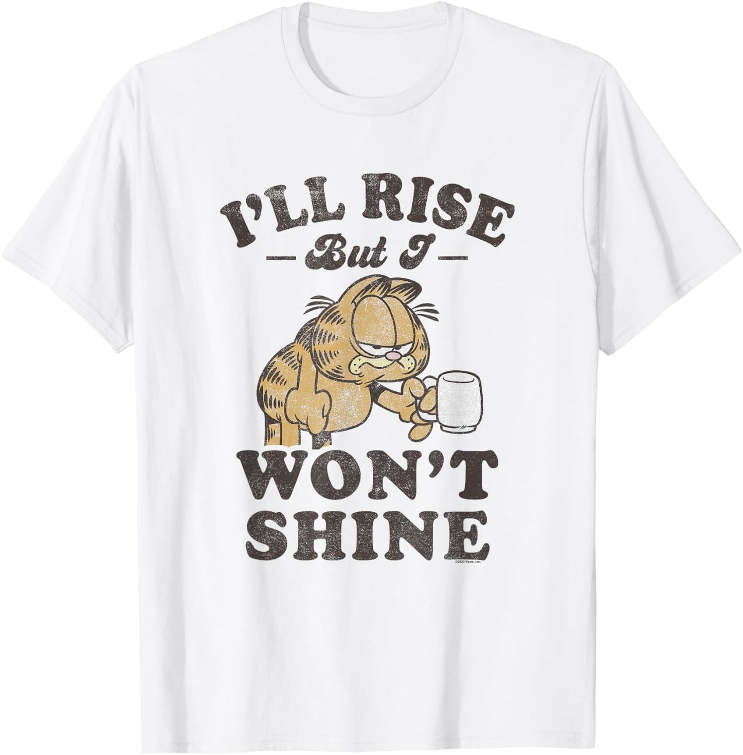 Garfield I'll Rise But I Won't Shine Grumpy Shot Distressed T-Shirt - T-Shirt | White