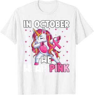 Breast Cancer Girls Kids, Unicorn In October We Wear Pink T-Shirt - T-Shirt | White