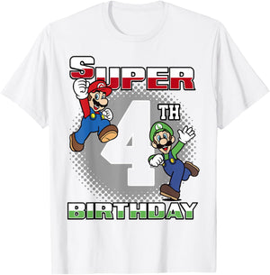 Super Mario and Luigi Super Birthday 4th Birthday Portrait T-Shirt - T-Shirt | White