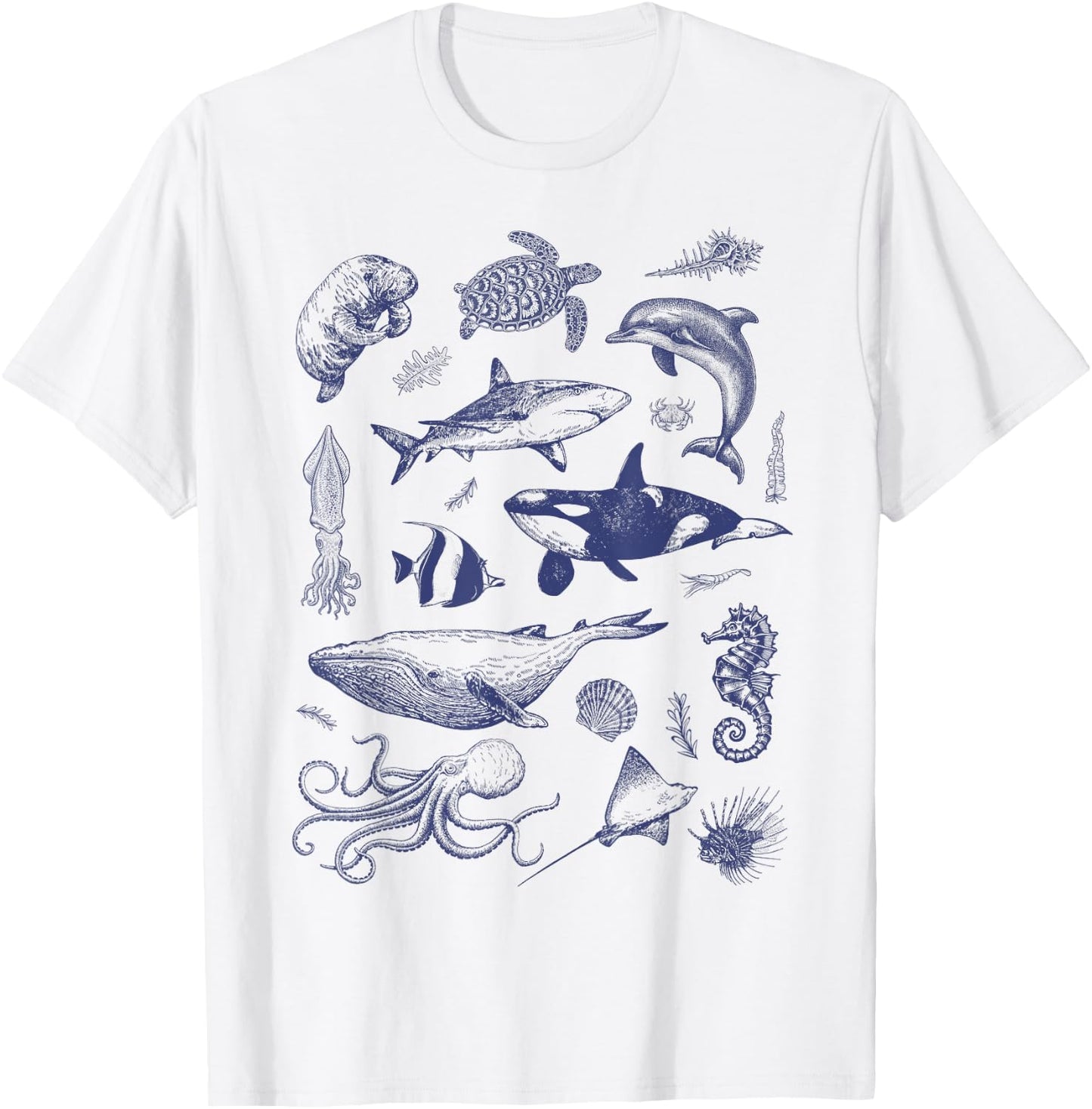 Ocean Wildlife Vintage Shark Turtle Octopus Graphic T-Shirt - T-Shirt | White