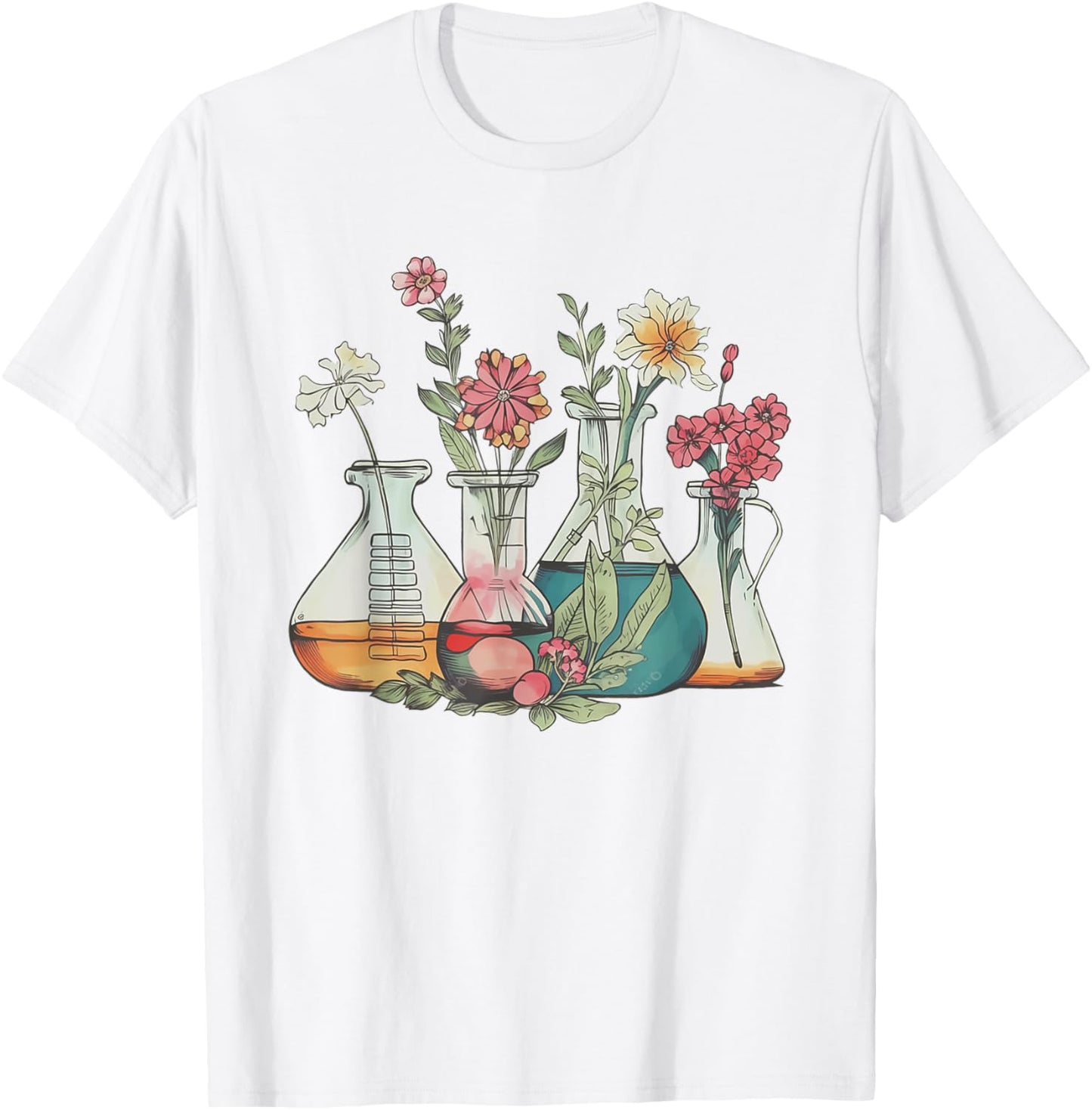 Floral Beakers Chemistry Lab Scientist Chemist Med Lab Tech T-Shirt - T-Shirt | White
