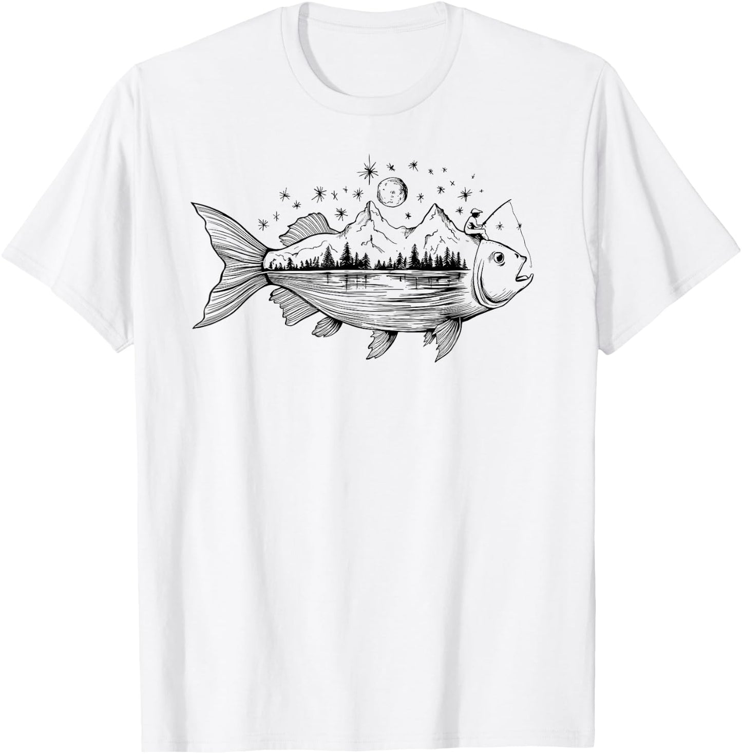 Cool Fish Shaped from Mountains Nature Scene Fishing T-Shirt - T-Shirt | White