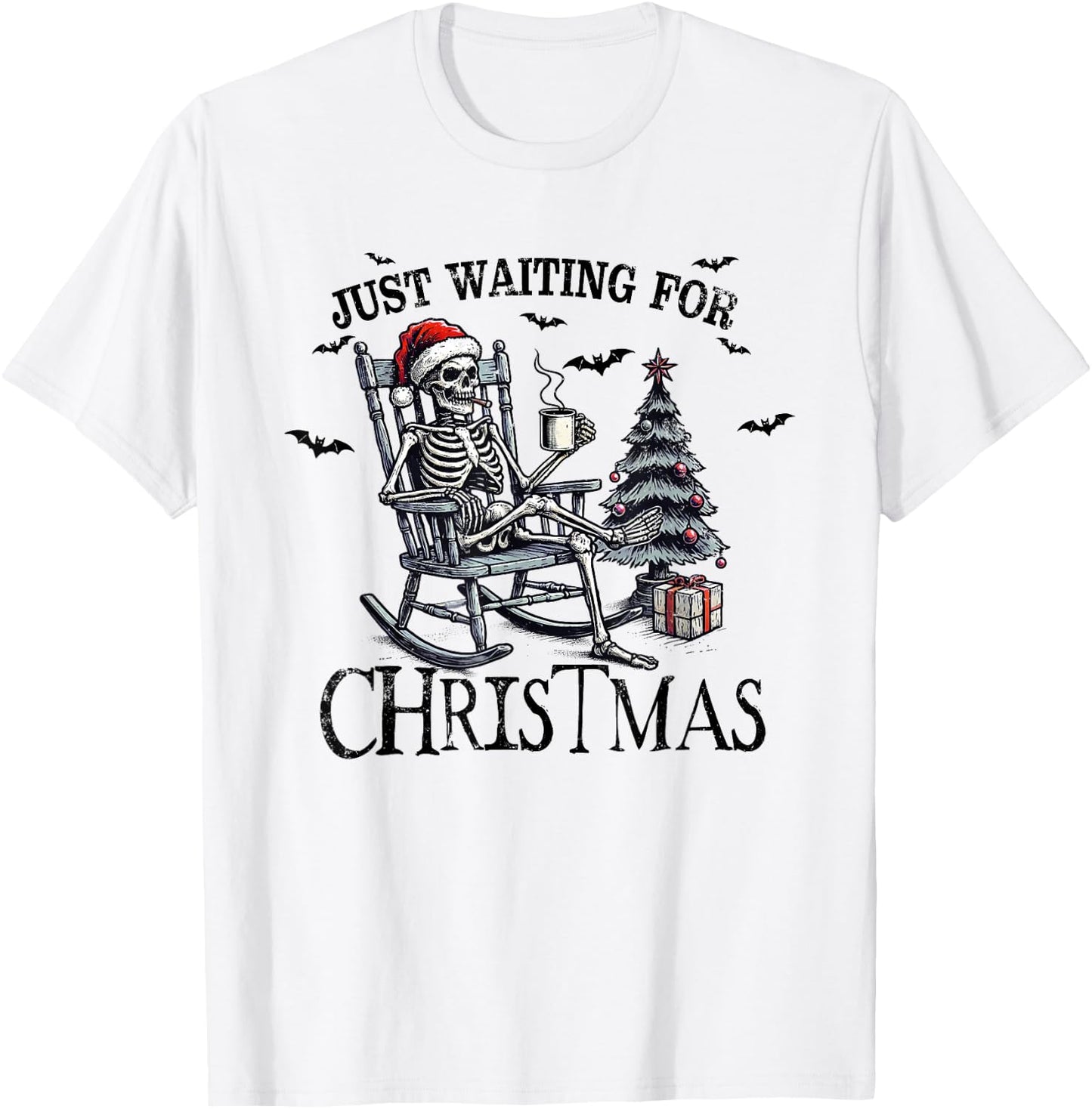 Just Waiting For Christmas Holiday Funny Skeleton Christmas T-Shirt - T-Shirt | White