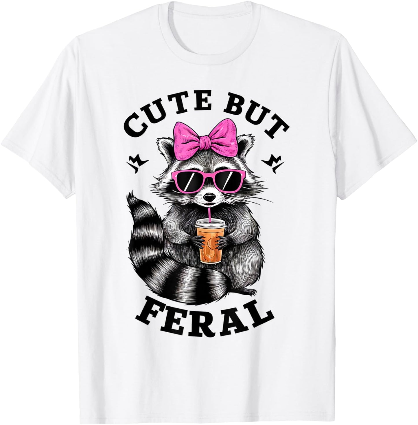 Cute But Feral Funny Colorful Racoon With Sunglasses Racoon , Small, White T-Shirt - T-Shirt | White