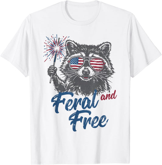 4th of July Raccoon Feral and Free Patriotic Women Men Kids T-Shirt - T-Shirt | White