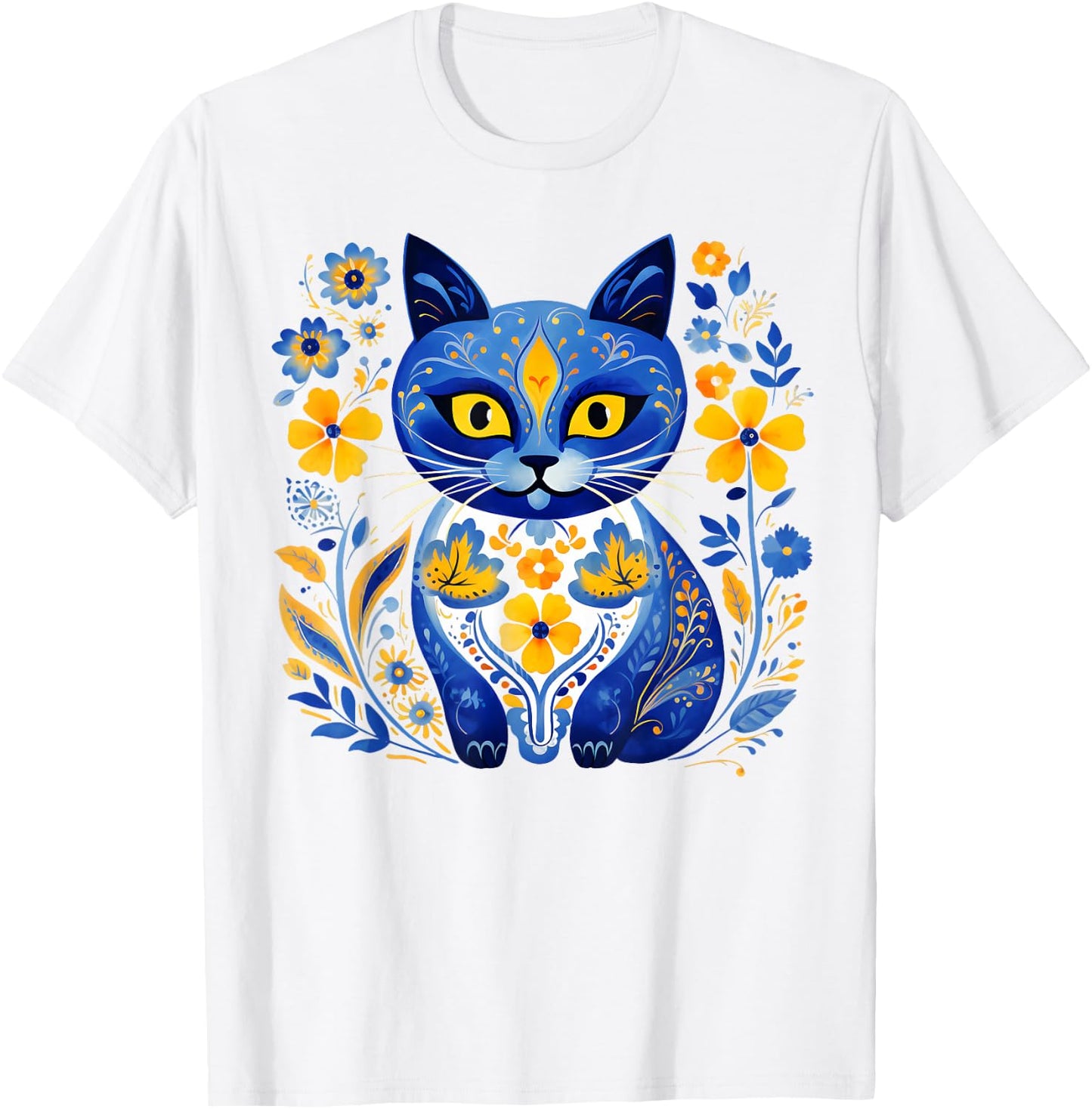 Ukraine Cat Floral Vintage Ukrainian Flag Vyshyvanka Style T-Shirt - T-Shirt | White
