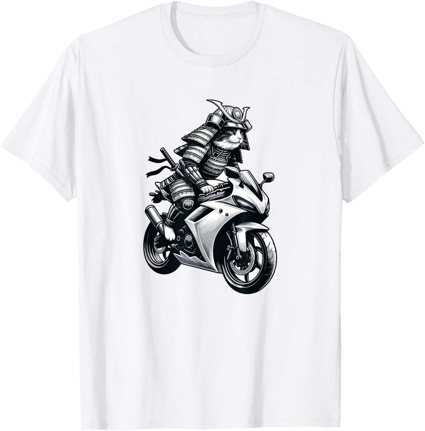 Japanese Samurai Ninja Cat Riding a Motorcycle Crotch Rocket Men Women T-Shirt - T-Shirt | White