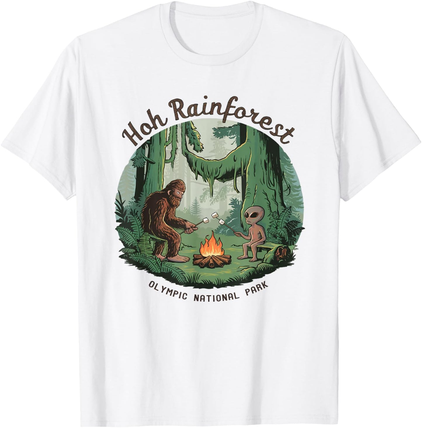 Funny Bigfoot & Alien Gifts And Shirts Bigfoot & Alien Camping Hoh Rainforest Olympic National Park -Adults Kids White Short Sleeve Classic Fit Cotton Blend Machine Wash Size Small T-Shirt - T-Shirt | White
