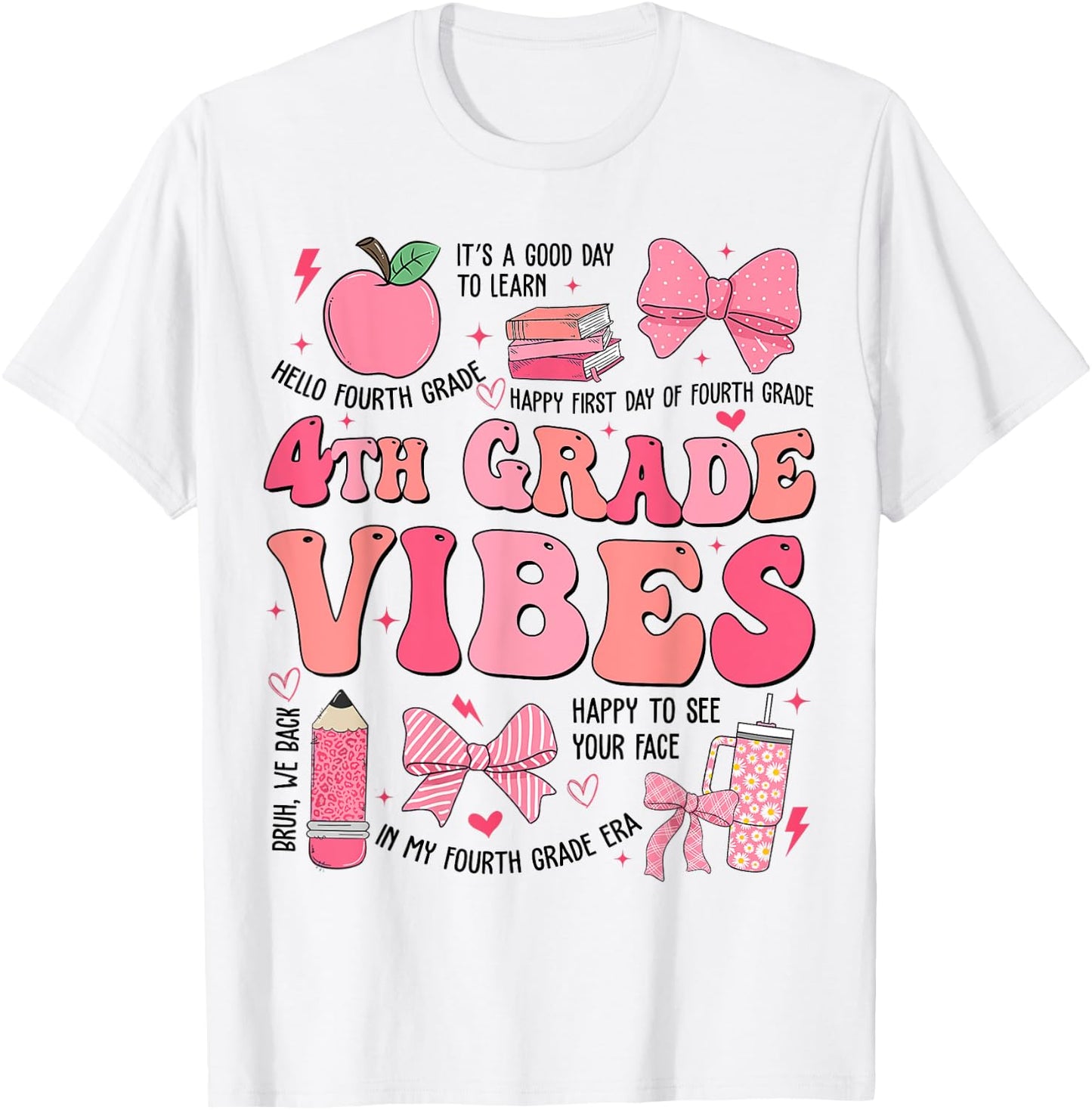 Girls 4th Grade Vibes Coquette Bow Back to School Teacher T-Shirt - T-Shirt | White