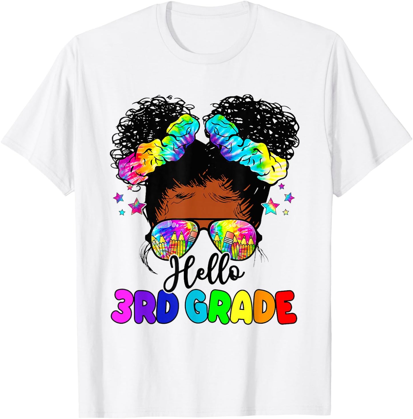 Hello 3rd Grade Black Messy Bun Girls Kids Back To School T-Shirt - T-Shirt | White