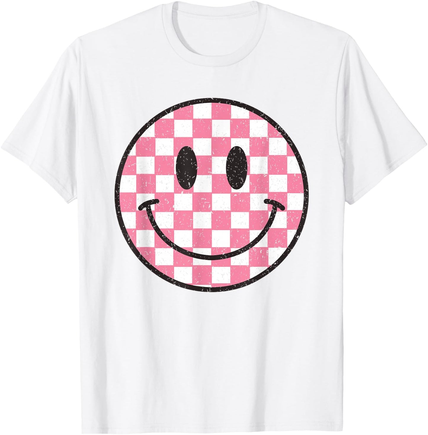 Pink Checkered Smile Face Shirt Cute Smiling Face Kids Fun T-Shirt - T-Shirt | White