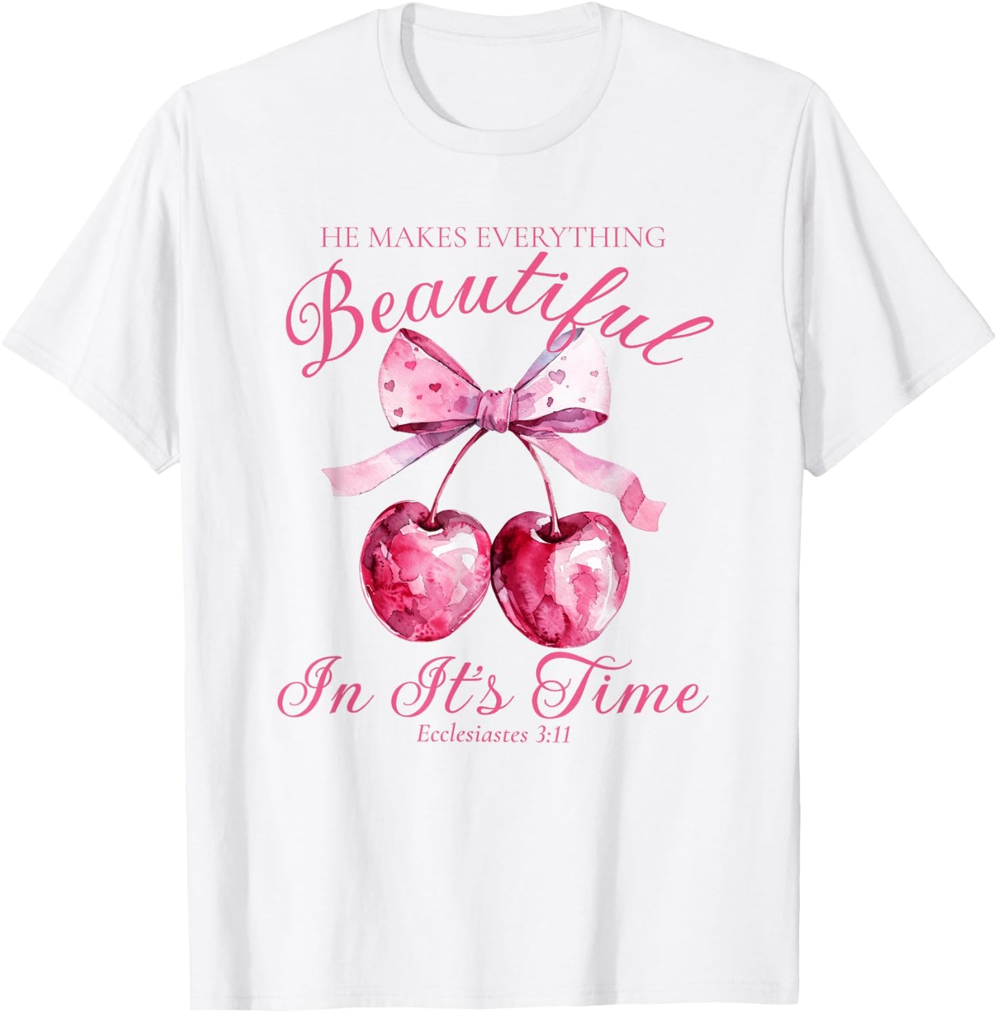 Crochet Pink Bow Cherry Bible Verse Jesus Coquette Christian T-Shirt - T-Shirt | White