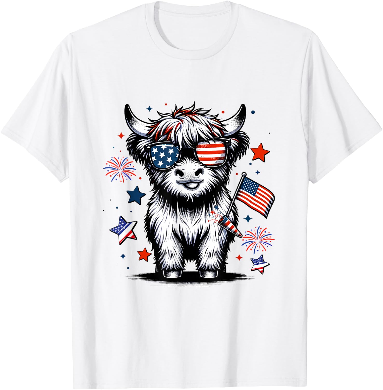 Cute Highland Cow 4th of July USA Flag Patriotic Cow Farmer T-Shirt - T-Shirt | White