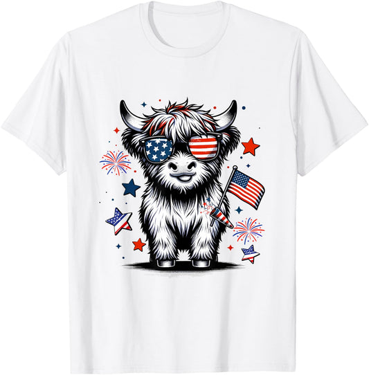 Cute Highland Cow 4th of July USA Flag Patriotic Cow Farmer T-Shirt - T-Shirt | White