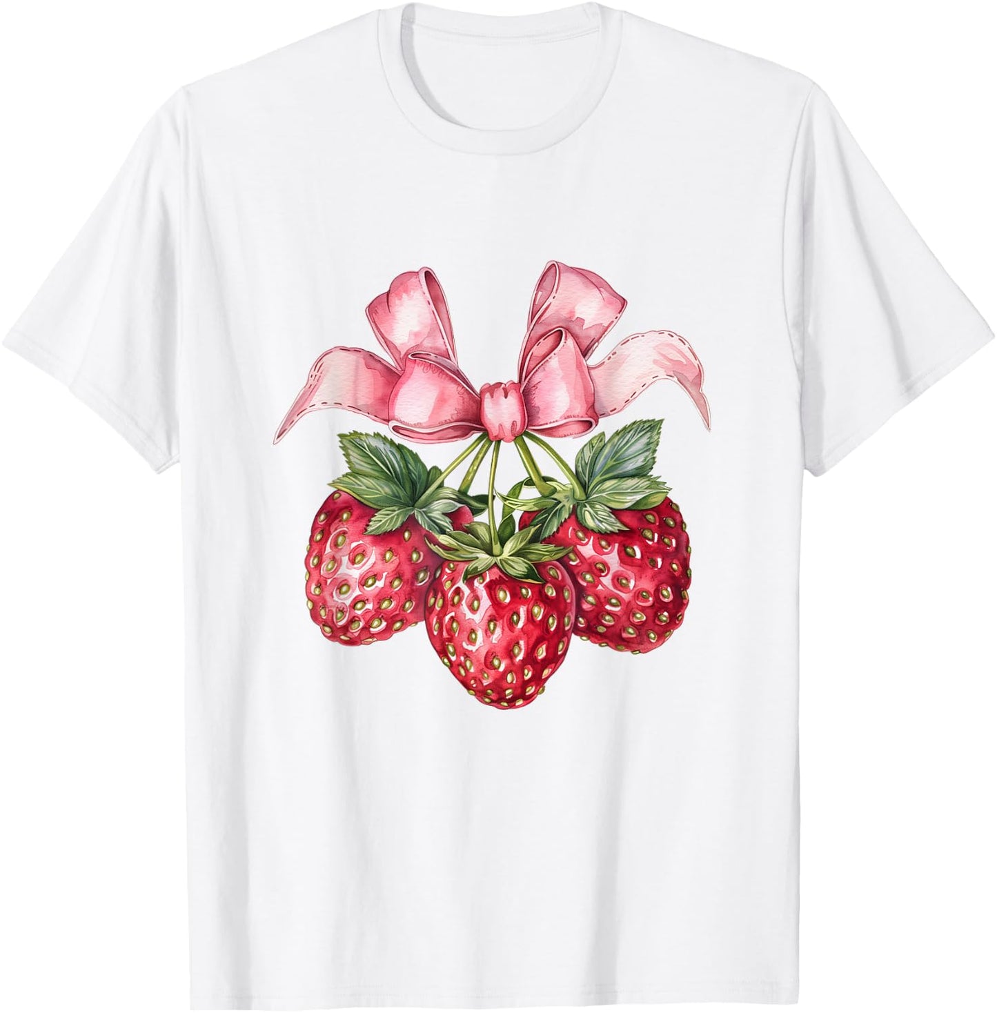 Coquette Bow with Strawberries Kawaii Sweetness T-Shirt - T-Shirt | White
