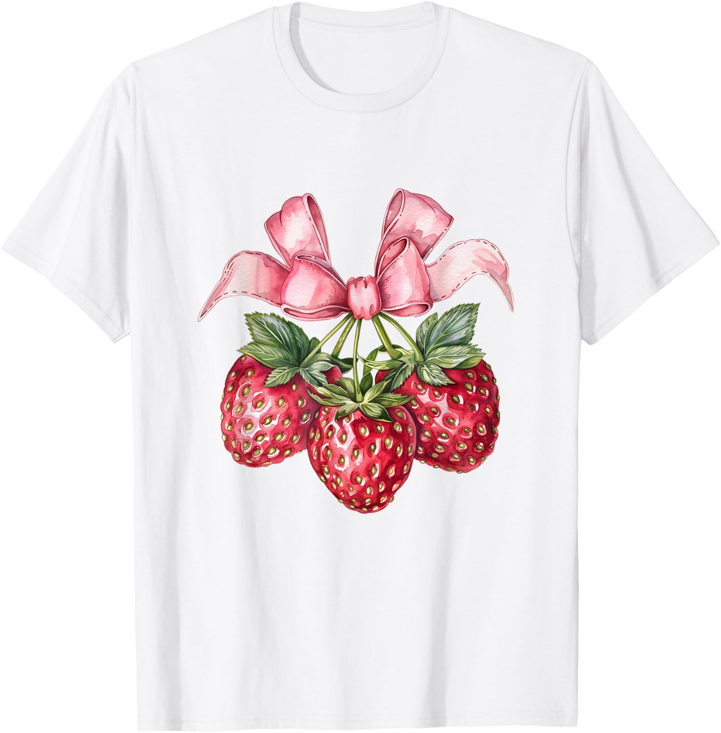 Coquette Bow with Strawberries Kawaii Sweetness T-Shirt - T-Shirt | White