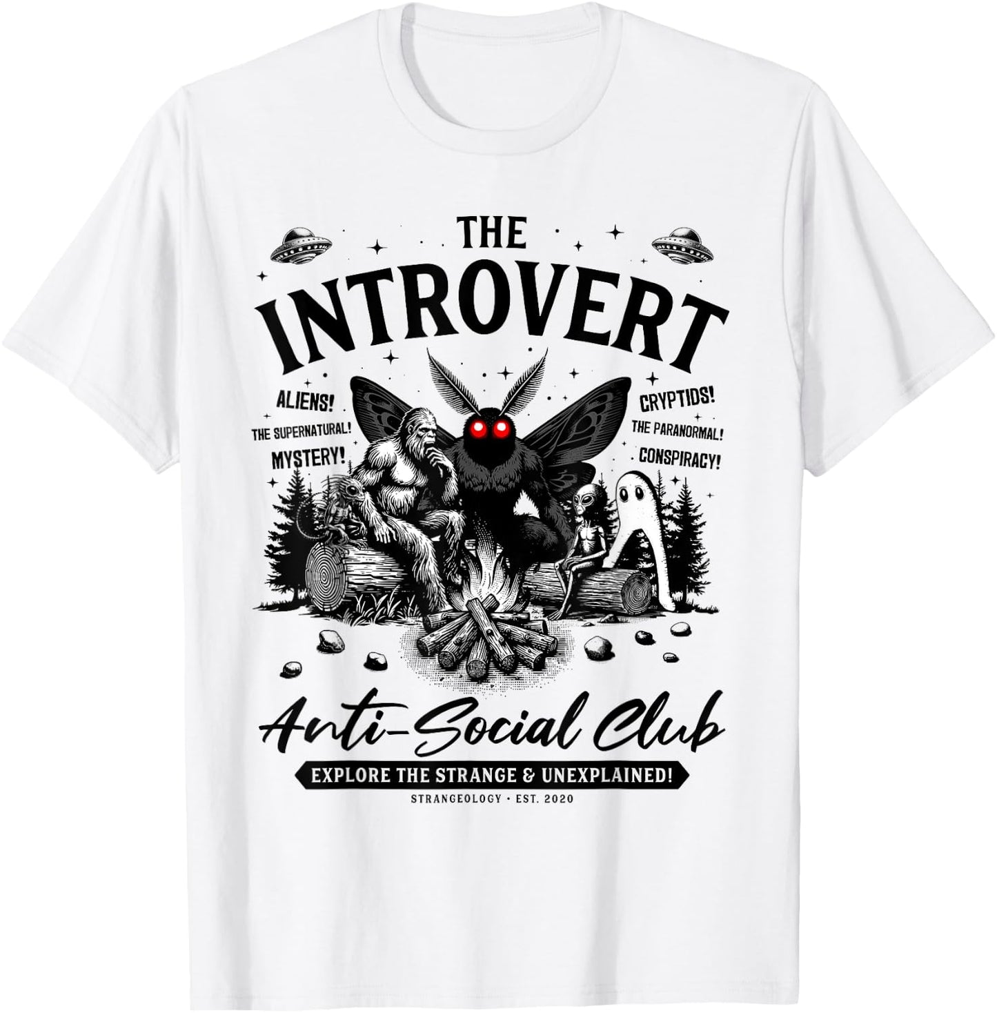 The Introvert Social Club Bigfoot Mothman Alien Creature T-Shirt - T-Shirt | White
