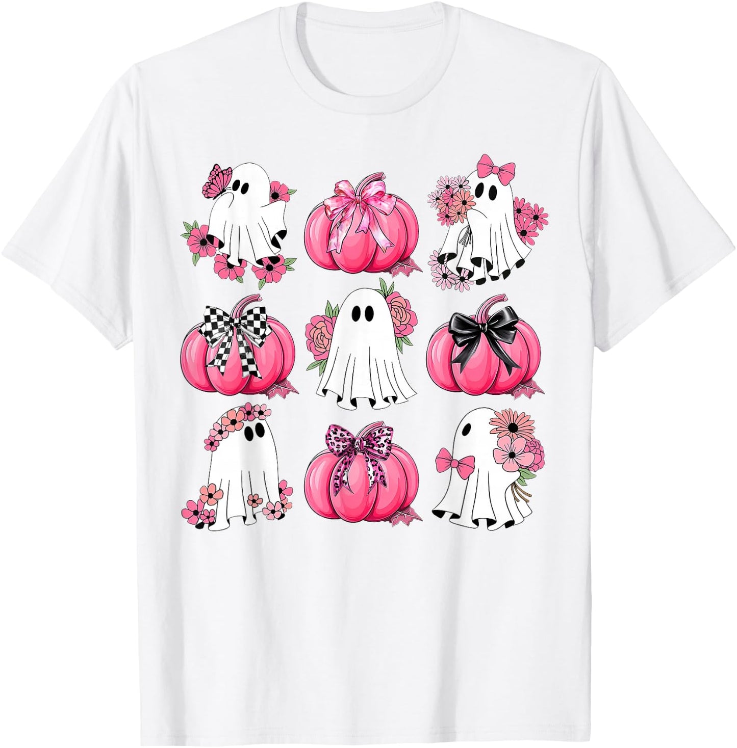 Cute Ghost Florals Pink Coquette Bows Pumpkins Halloween T-Shirt - T-Shirt | White