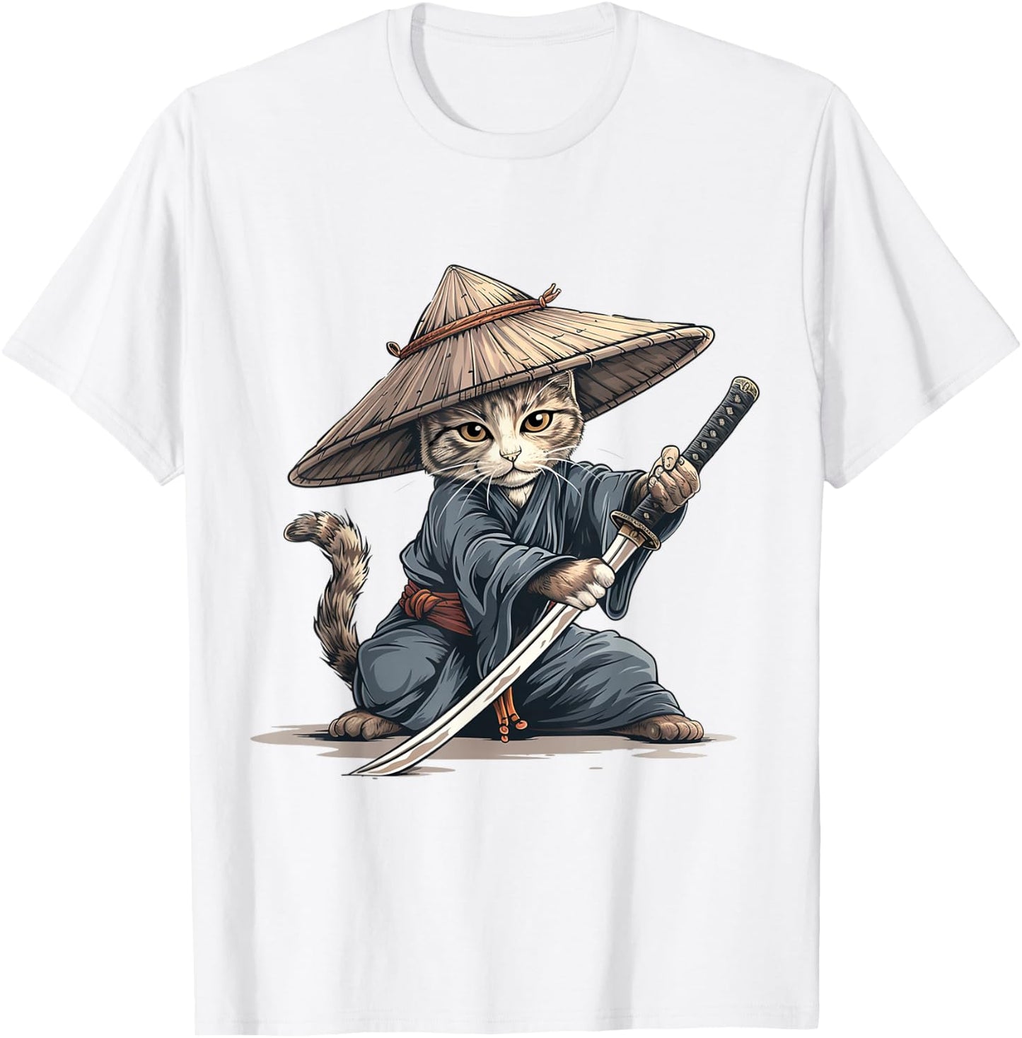 Japanese Art Cat Ninja Ukiyo-e Anime Style Samurai Cat T-Shirt - T-Shirt | White