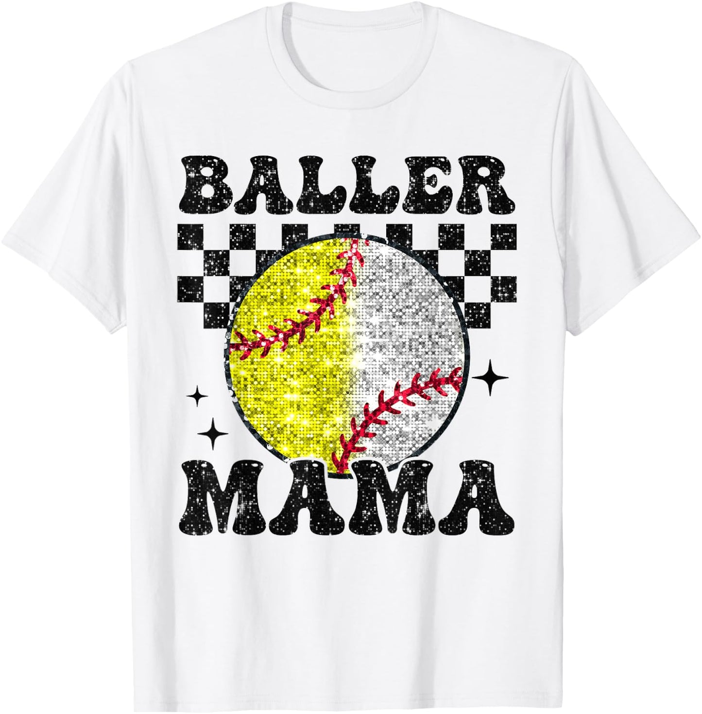 Baller Mama Checkered Retro Proud Softball Baseball Player T-Shirt - T-Shirt | White