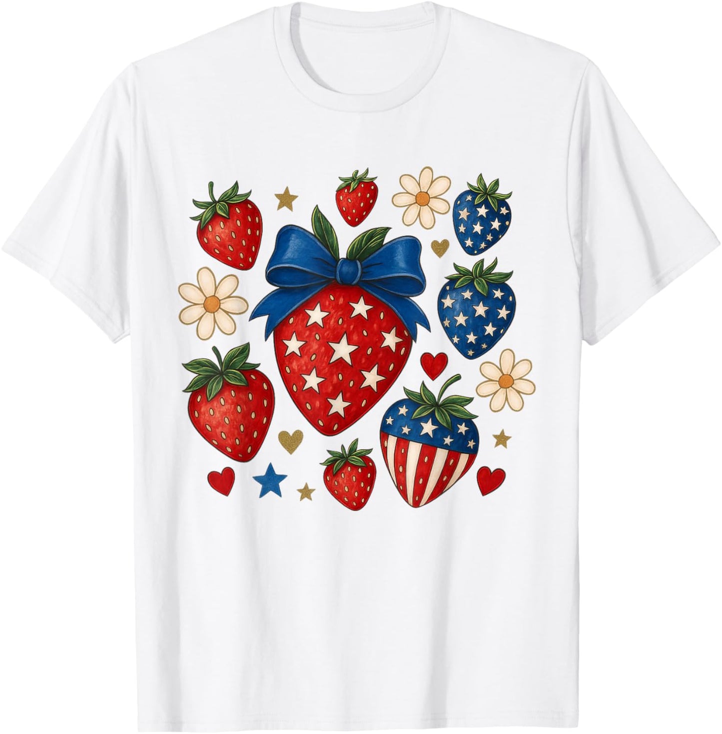 4th of July Strawberry Boho Coquette Bow Independence Day T-Shirt - T-Shirt | White