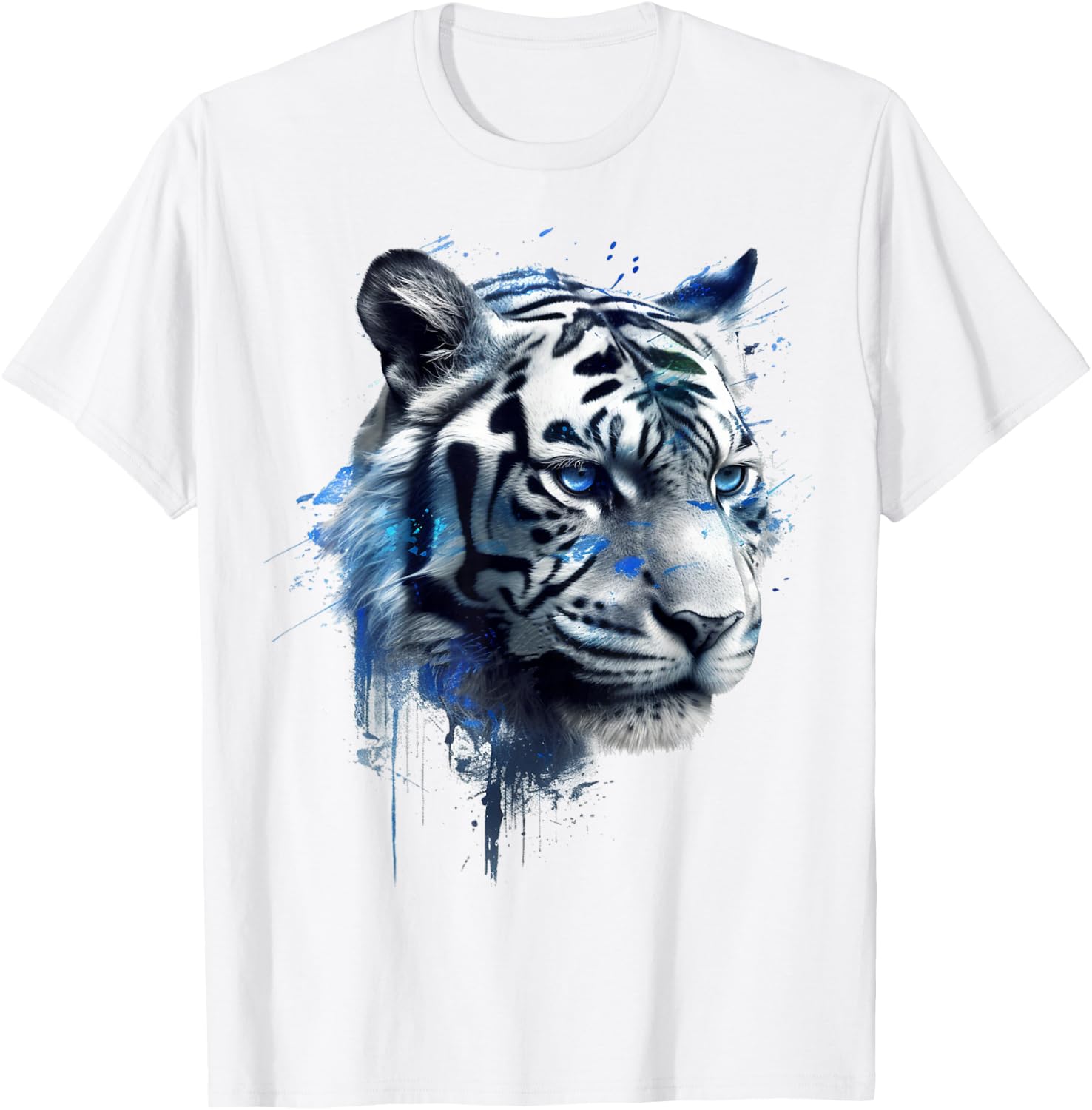 Tiger in White - Blue Eyes - Animal Art Tiger T-Shirt - T-Shirt | White