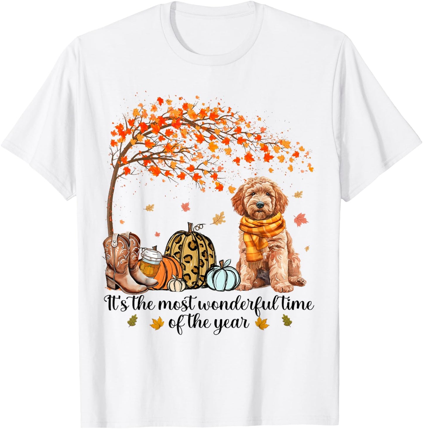 It’s The Most Wonderful Time Goldendoodle Pumpkins Autumn T-Shirt - T-Shirt | White