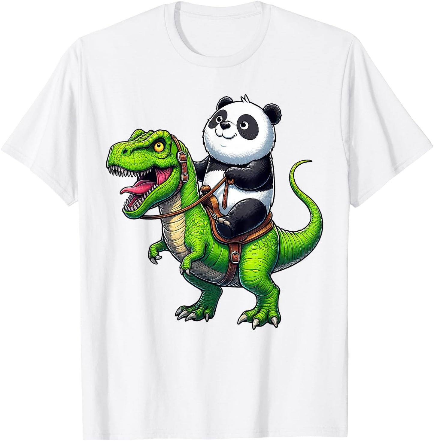 Panda Riding Dinosaur T Rex Funny Boys Girls Kids T-Shirt - T-Shirt | White