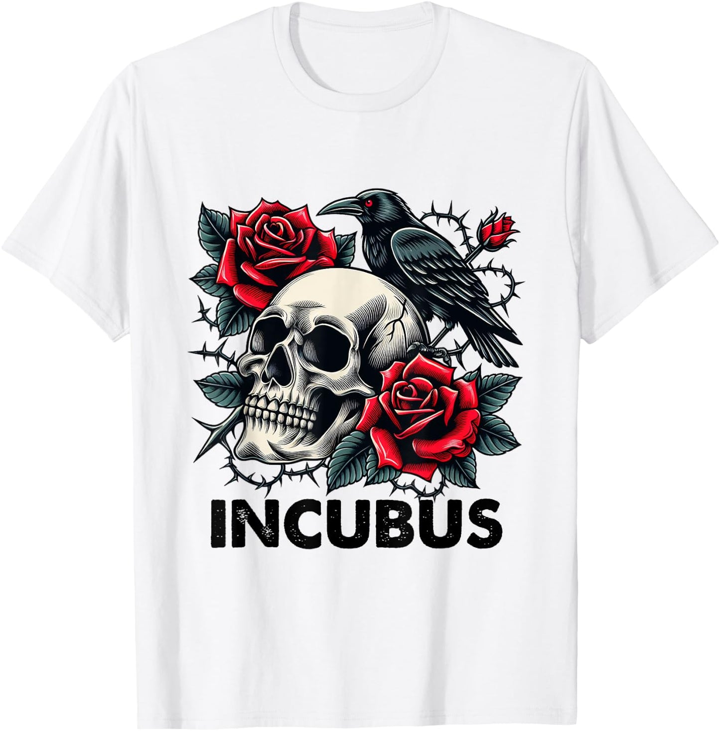 Retro Halloween Graphic Incubus-Crow Left Skull And Flower T-Shirt - T-Shirt | White