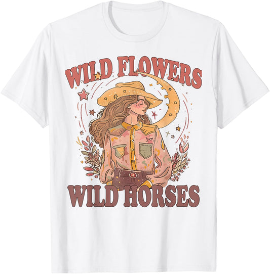 Floral Cowgirl Riding Horse Wild Flowers Wild Horses T-Shirt - T-Shirt | White