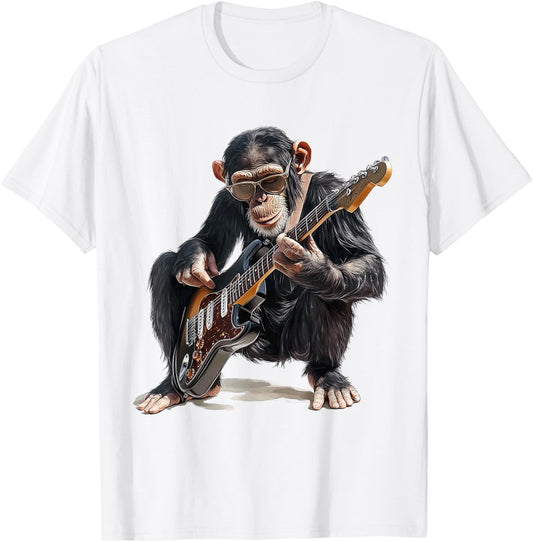 Chimpanzee Dressed as Guitarist with Guitar Monkey Rocker T-Shirt - T-Shirt | White