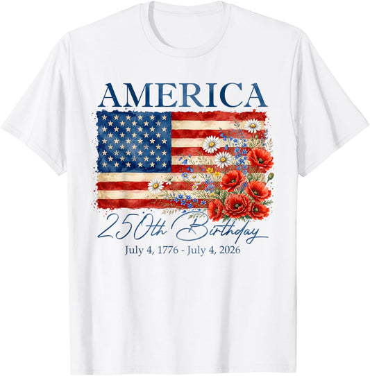 Floral 250th Anniversary USA 4th of July 250 Years America T-Shirt - T-Shirt | White