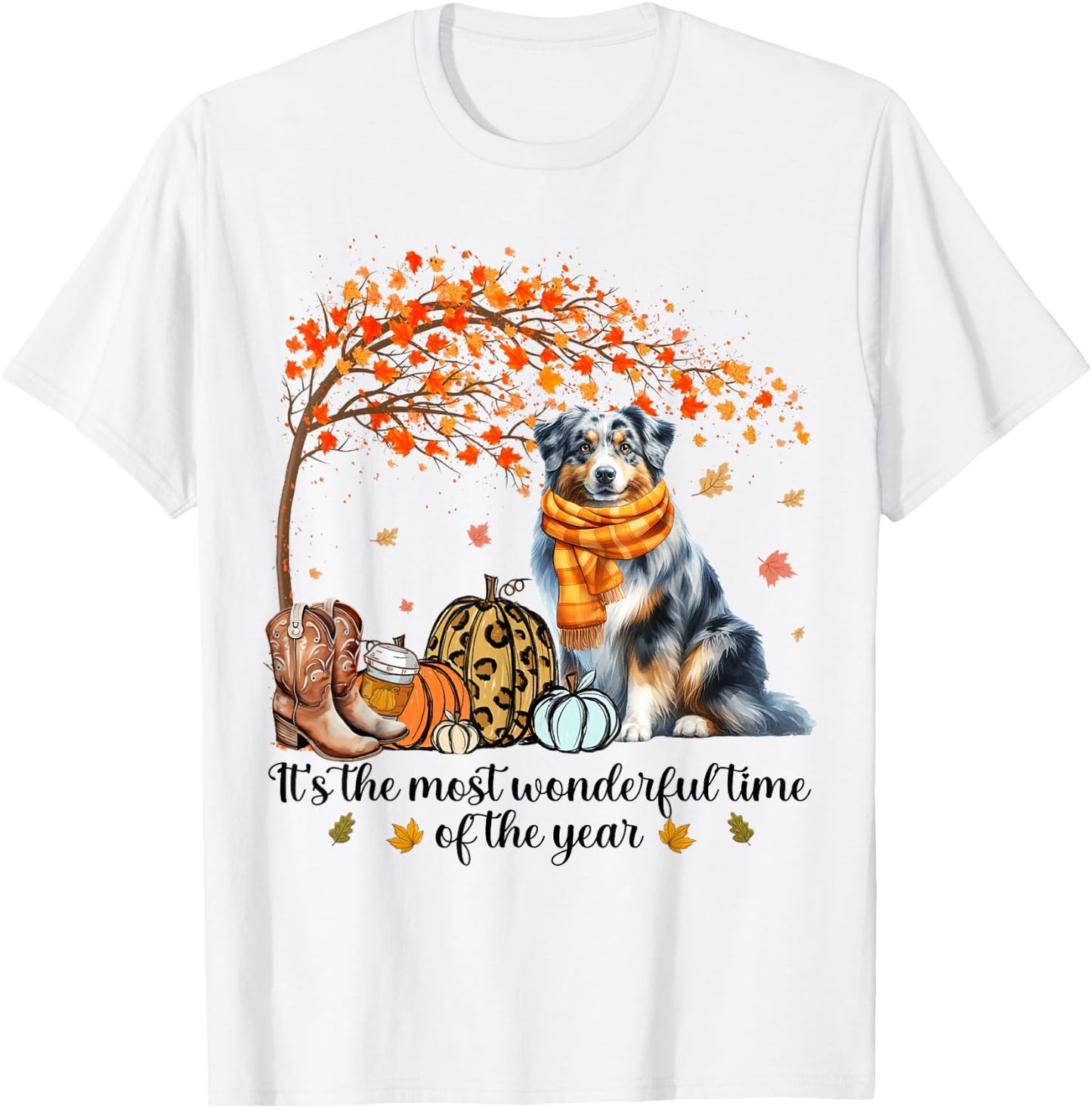 Fall Maple Tree Print Dog Lover Happy Thanksgiving Australian Shepherd Autumn Fall T-Shirt - T-Shirt | White