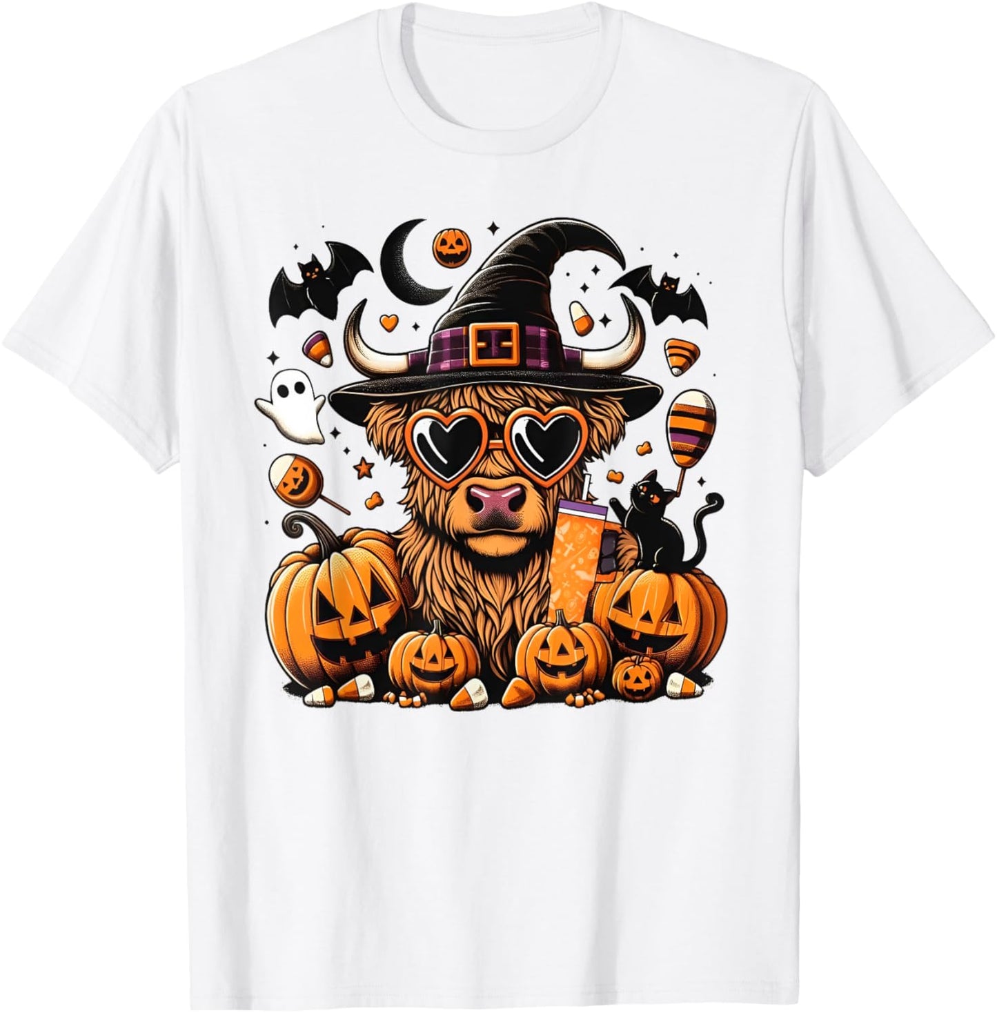 Halloween Highland Cow Witchy Cow Spooky Pumpkin Hello Fall T-Shirt - T-Shirt | White