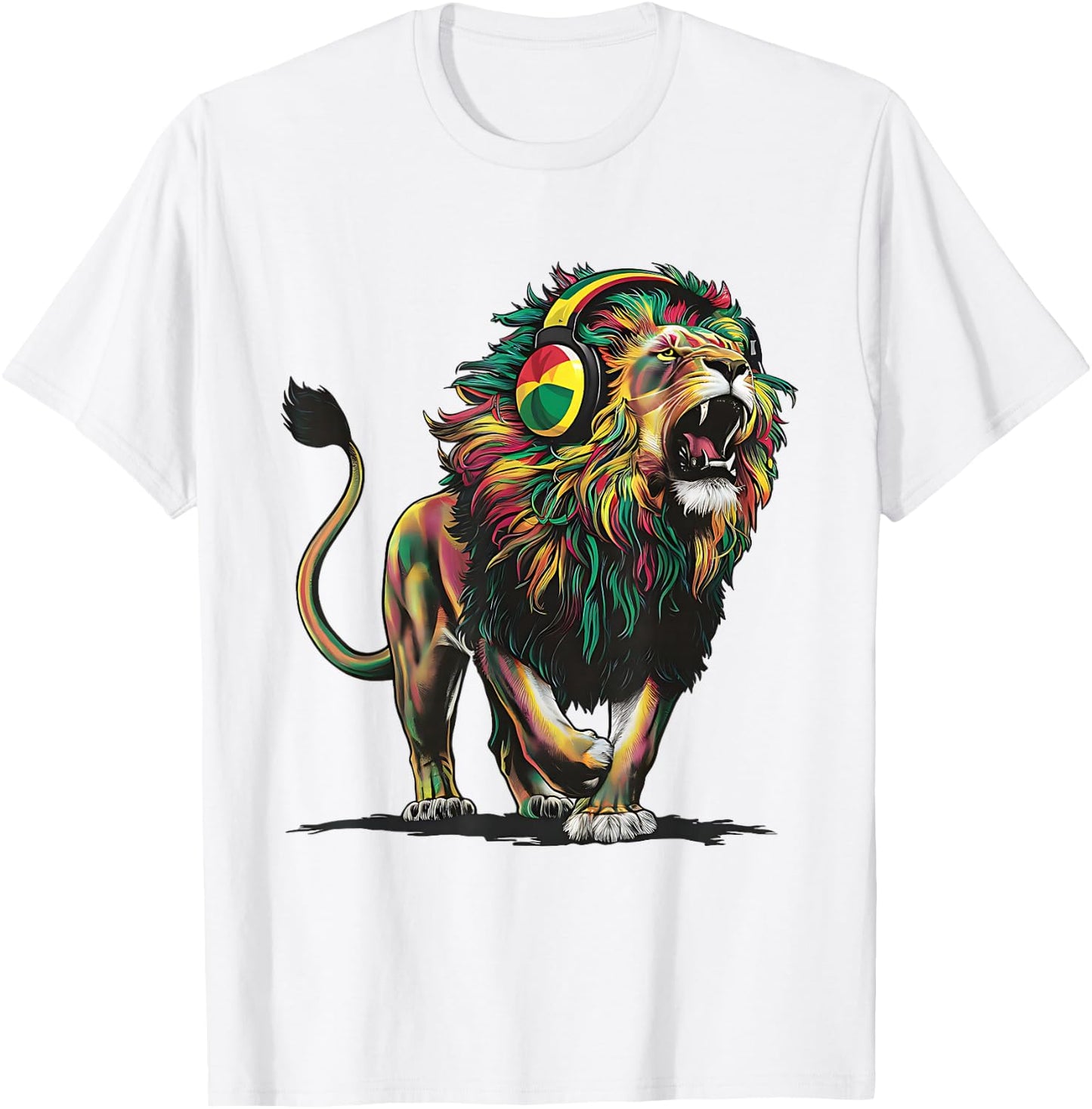 Reggae Lion Jamaican Pride With Rasta & Headphones T-Shirt - T-Shirt | White